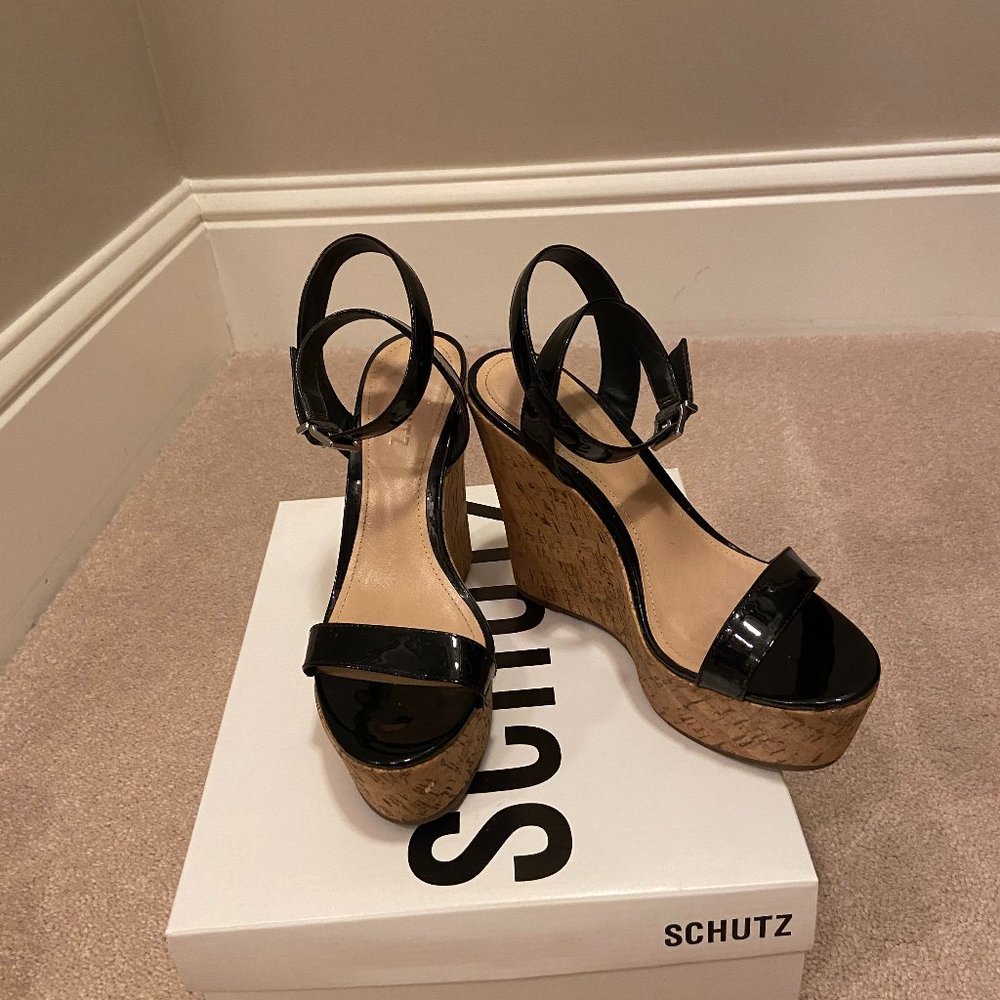 Schutz black patten cork wedge 7.5